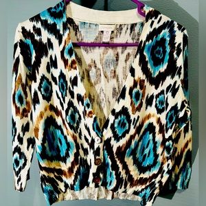 Chico’s cardigan size 0, cream/blue/brown in color